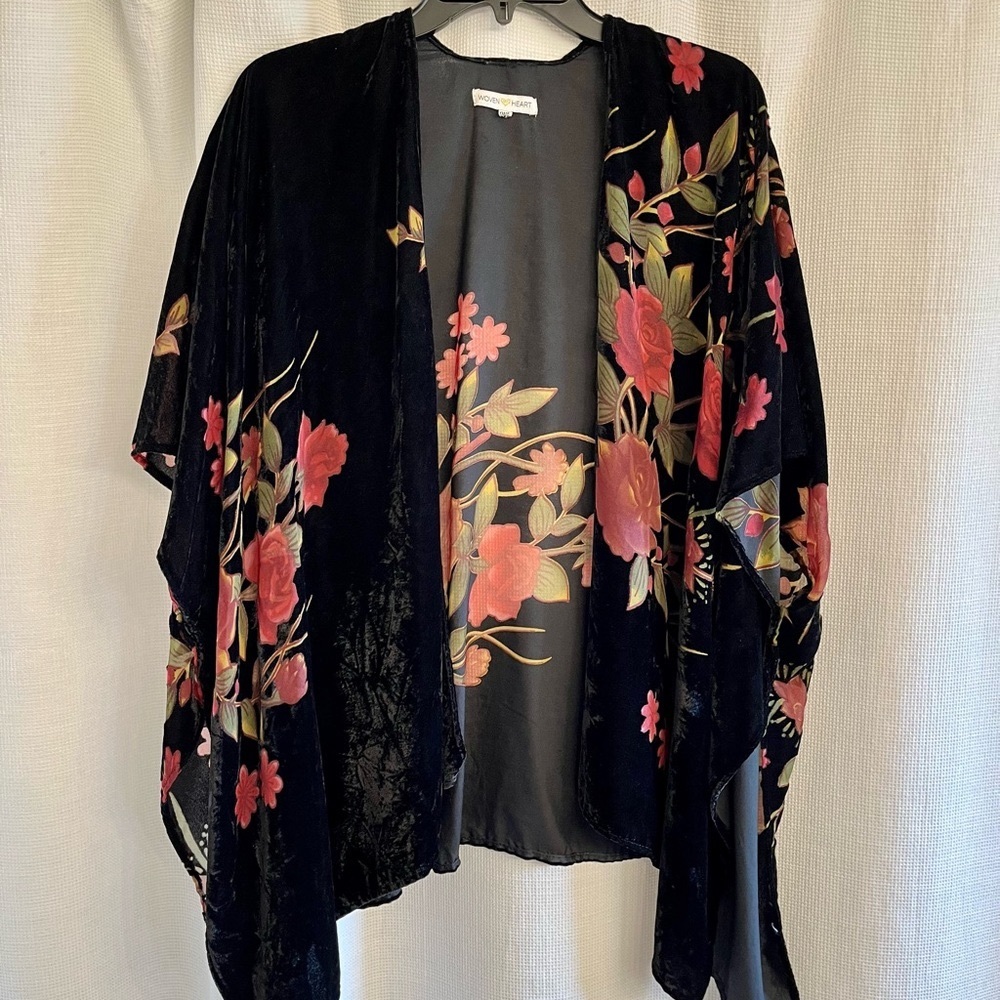 Boho Black Velvet & Roses Kimono/Topper/Shawl